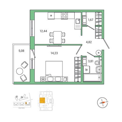 38,6 м², 1-комн. квартира, 2/9 этаж