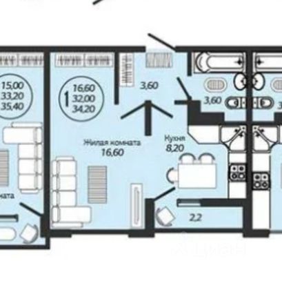 Продажа 1-комнатной квартиры 33 м², 7/8 этаж