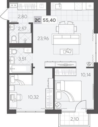 55,4 м², 2-комн. квартира, 2/4 этаж