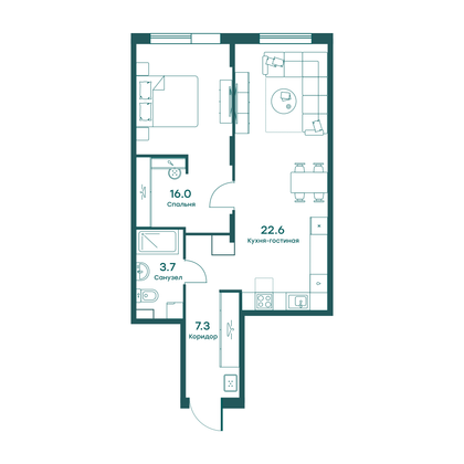 49,6 м², 2-комн. квартира, 1/5 этаж