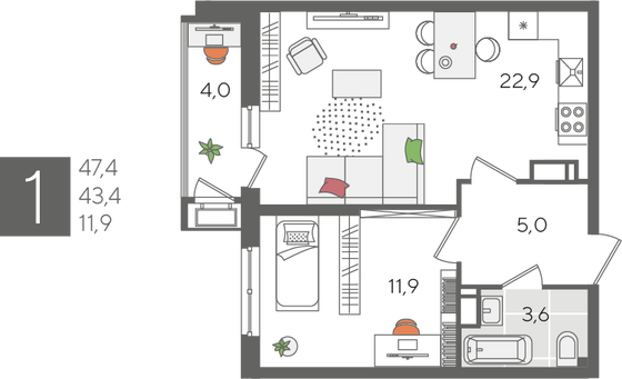 Продажа 1-комнатной квартиры 47,4 м², 21/24 этаж