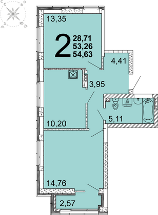 54 м², 2-комн. квартира, 2 этаж