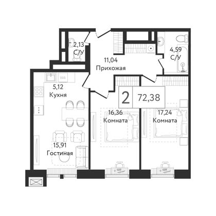 72,4 м², 2-комн. квартира, 9/24 этаж