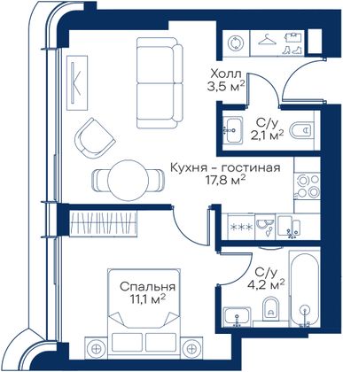 Продажа 1-комнатной квартиры 38,7 м², 45/53 этаж