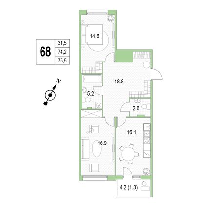 Продажа 2-комнатной квартиры 75,5 м², 4/4 этаж