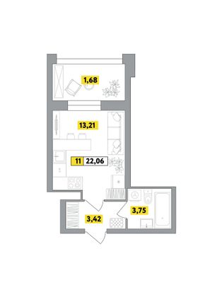 Продажа квартиры-студии 22,1 м², 7 этаж