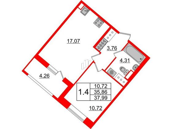 Продажа 1-комнатной квартиры 35,9 м², 20/20 этаж