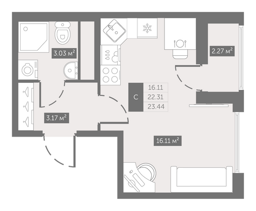 23,4 м², студия, 7/10 этаж