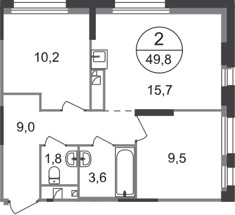 49,8 м², 2-комн. квартира, 4/19 этаж