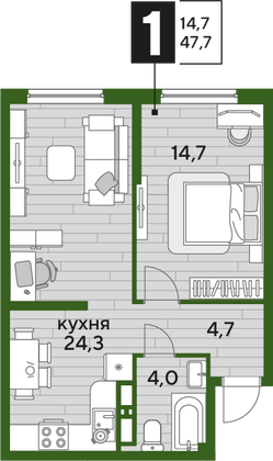 Продажа 1-комнатной квартиры 47,7 м², 11/16 этаж