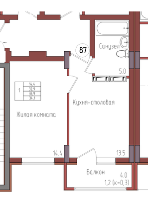 34,1 м², 1-комн. квартира, 2/9 этаж