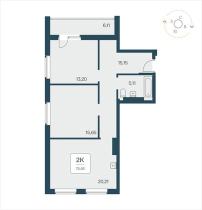 75,4 м², 2-комн. квартира, 10/25 этаж