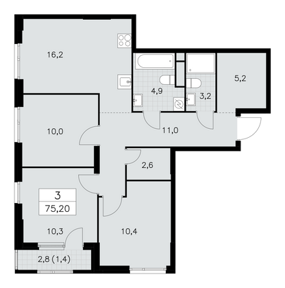 75,2 м², 3-комн. квартира, 3/30 этаж