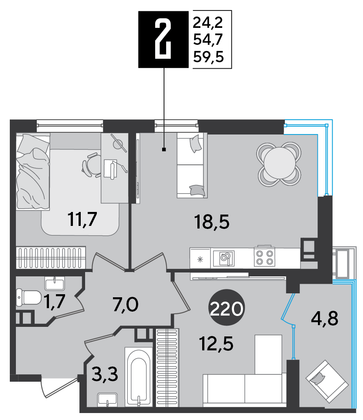 Продажа 2-комнатной квартиры 59,5 м², 9/9 этаж