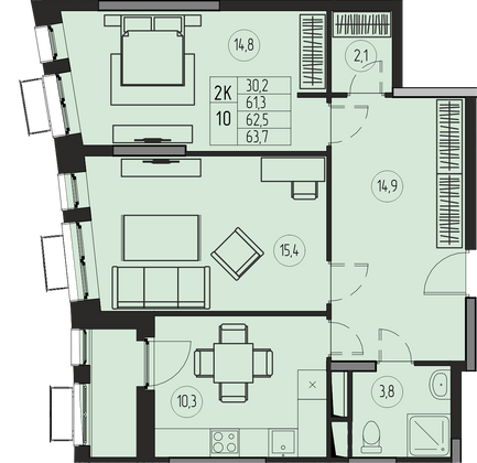 62,5 м², 2-комн. квартира, 10/21 этаж