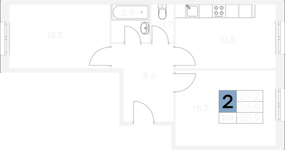 Продажа 2-комнатной квартиры 55,9 м², 1/9 этаж