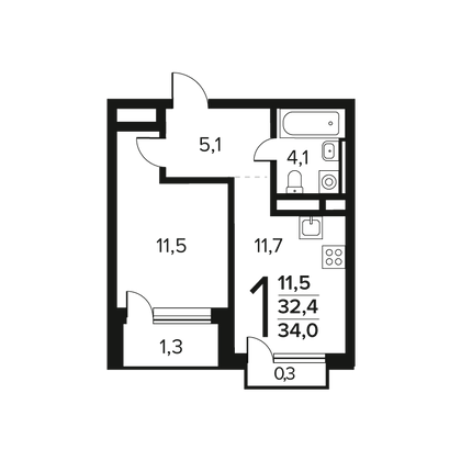 Продажа 1-комнатной квартиры 34 м², 3/14 этаж