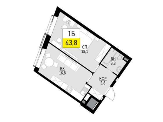 43,8 м², 1-комн. квартира, 47/53 этаж