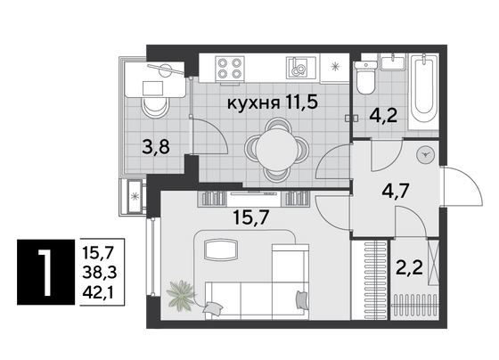 Продажа 1-комнатной квартиры 42,1 м², 2/9 этаж