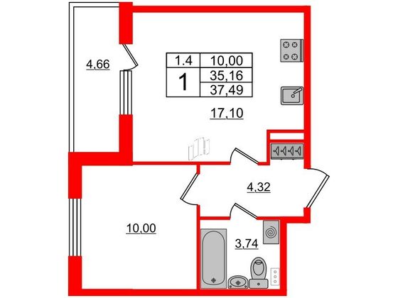 Продажа 1-комнатной квартиры 35,2 м², 1/5 этаж