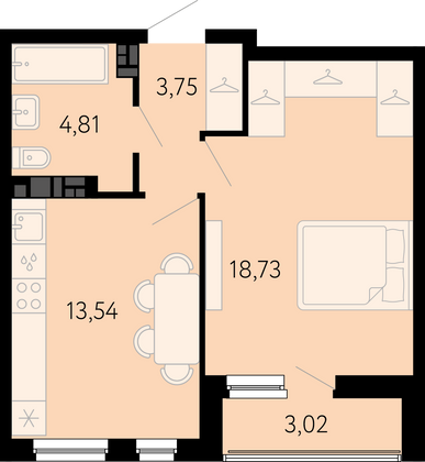 42,3 м², 1-комн. квартира, 18 этаж