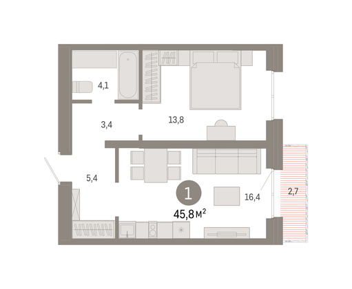 Продажа 1-комнатной квартиры 45,7 м², 3/7 этаж