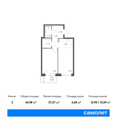 45 м², 1-комн. квартира, 4/12 этаж