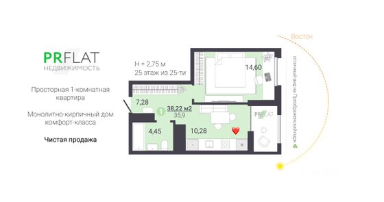 Продажа 1-комнатной квартиры 38,2 м², 25/25 этаж