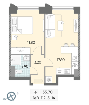 Продажа 1-комнатной квартиры 35,7 м², 14/58 этаж