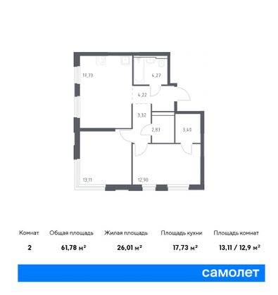 61,8 м², 2-комн. квартира, 27/30 этаж