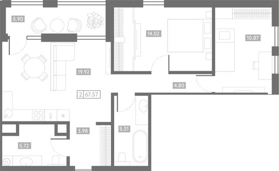 67,6 м², 2-комн. квартира, 4/24 этаж