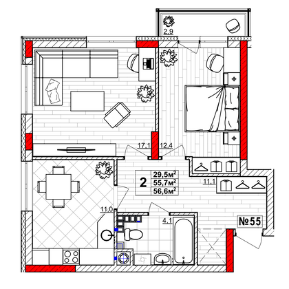 Продажа 2-комнатной квартиры 56,6 м², 3/4 этаж