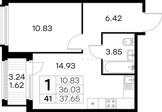 37,7 м², 1-комн. квартира, 5/15 этаж