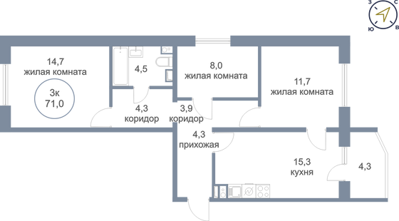 71 м², 3-комн. квартира, 1/16 этаж