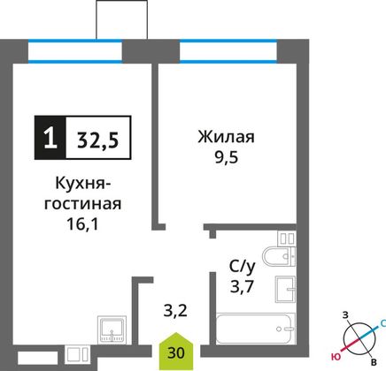 Продажа 1-комнатной квартиры 32,5 м², 6/6 этаж