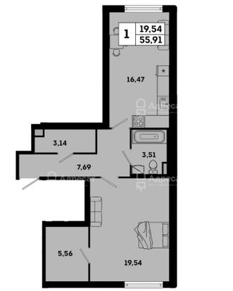 Продажа 2-комнатной квартиры 55,9 м², 1/7 этаж