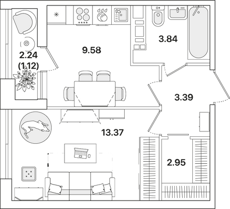 34,3 м², 1-комн. квартира, 11/12 этаж