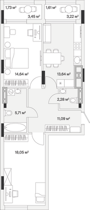 68,8 м², 2-комн. квартира, 1/7 этаж