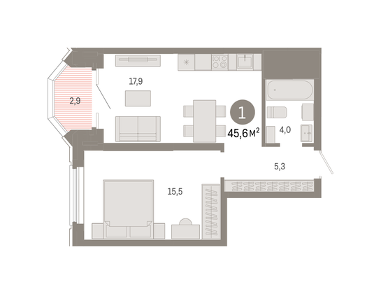 Продажа 1-комнатной квартиры 45,6 м², 9/24 этаж