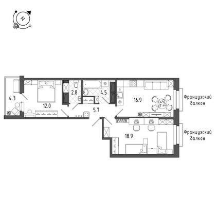 63,9 м², 2-комн. квартира, 9/12 этаж