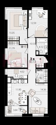 Продажа 3-комнатной квартиры 87,8 м², 2/18 этаж