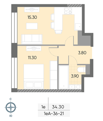 Продажа 1-комнатной квартиры 34,3 м², 21/30 этаж