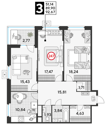 Продажа 3-комнатной квартиры 92,7 м², 21/25 этаж