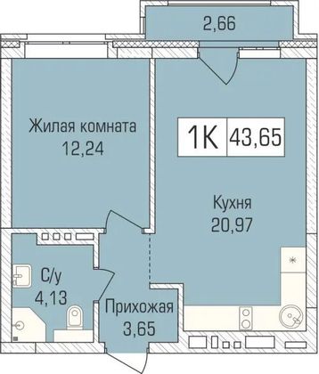 43,5 м², 1-комн. квартира, 6/9 этаж