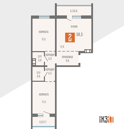 58,5 м², 2-комн. квартира, 1/10 этаж