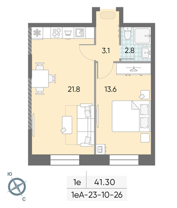 41,3 м², 1-комн. квартира, 26/28 этаж