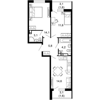 56,6 м², 2-комн. квартира, 2/17 этаж