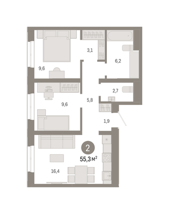 55,3 м², 2-комн. квартира, 2/7 этаж