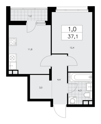 37,1 м², своб. планировка, 3/15 этаж