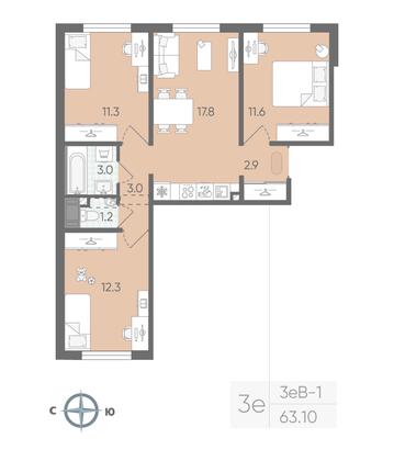 Продажа 3-комнатной квартиры 63,1 м², 2/22 этаж